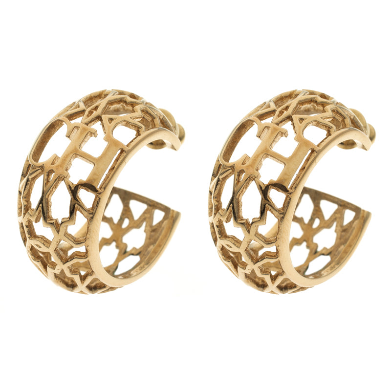 Original Carolina Herrera CH Open Cut Work Gold Tone Hoop Earrings