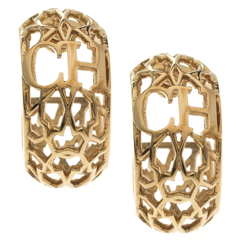 Original Carolina Herrera CH Open Cut Work Gold Tone Hoop Earrings