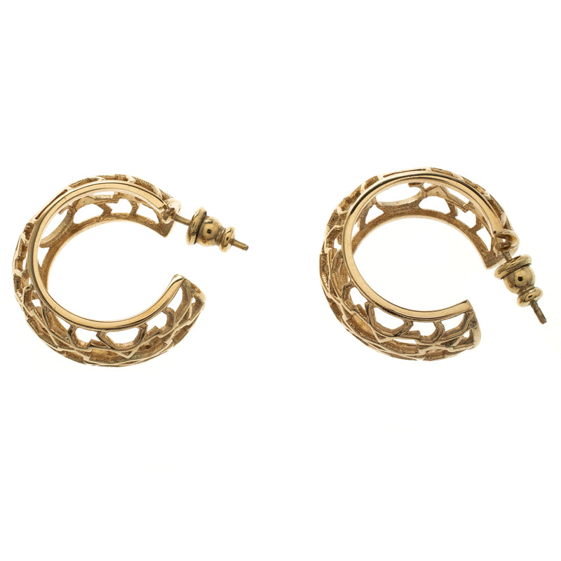 Original Carolina Herrera CH Open Cut Work Gold Tone Hoop Earrings