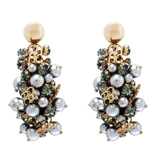 Original CH Carolina Herrera Grey Faux Pearl & Crystal Gold Tone Statement Dangle Earrings