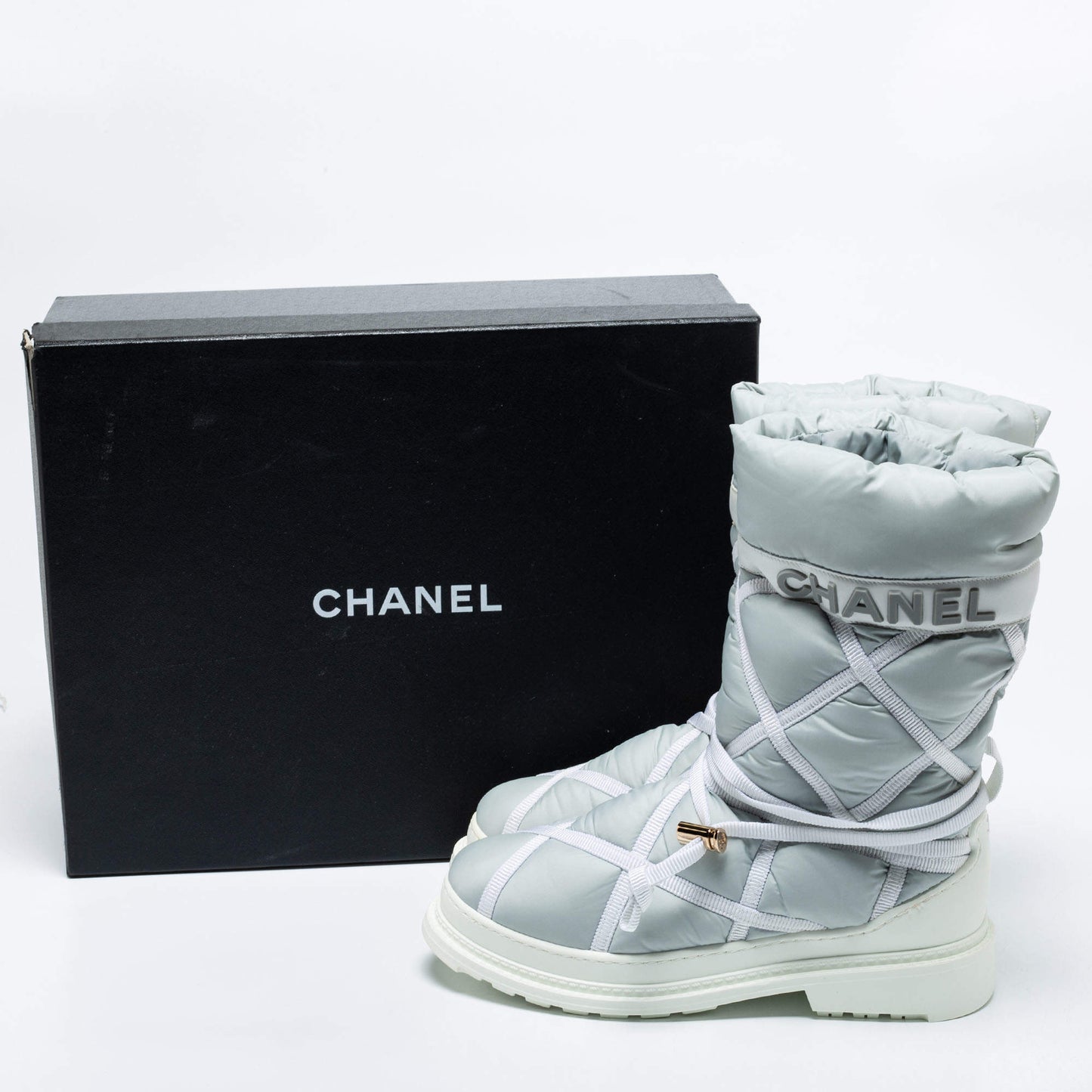 Original Chanel Light Grey/White Nylon And Leather Snow Boots Size 38.5 (Never Used)