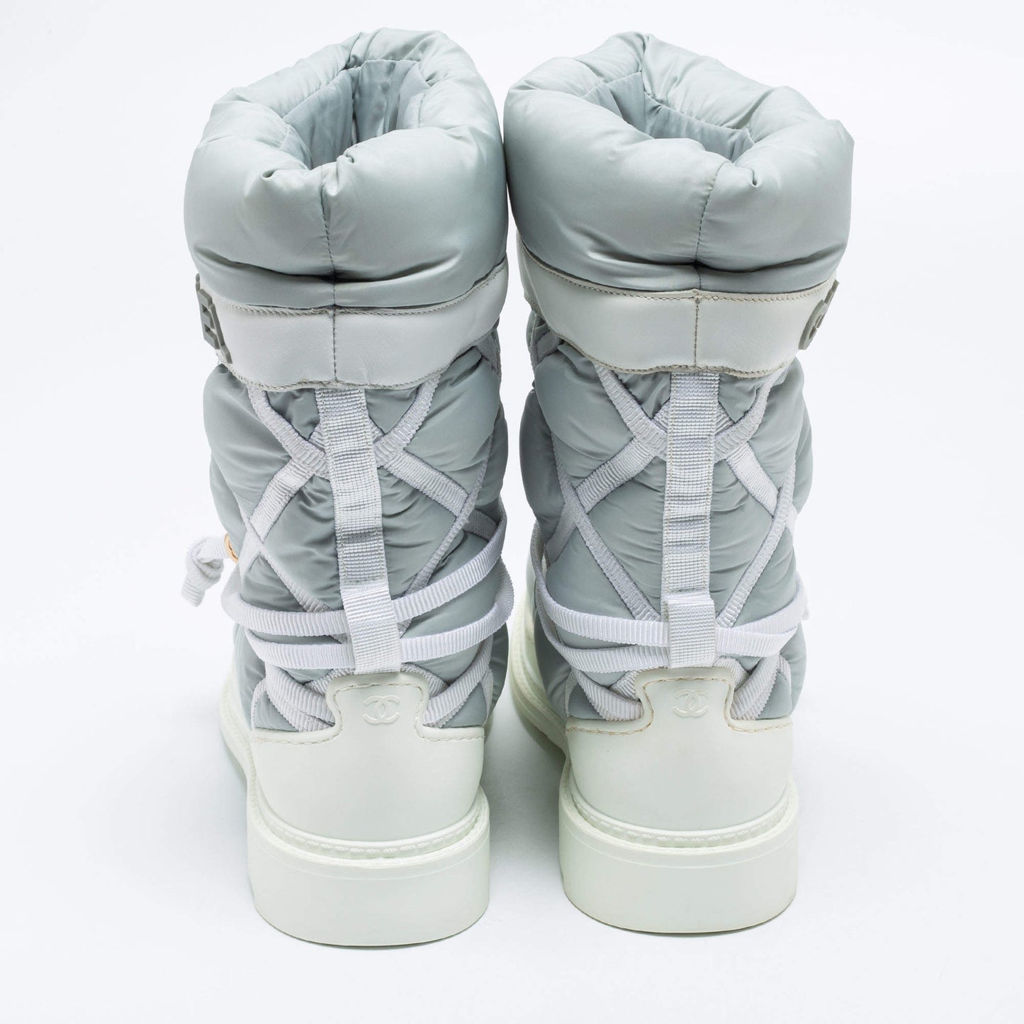 Original Chanel Light Grey/White Nylon And Leather Snow Boots Size 38.5 (Never Used)