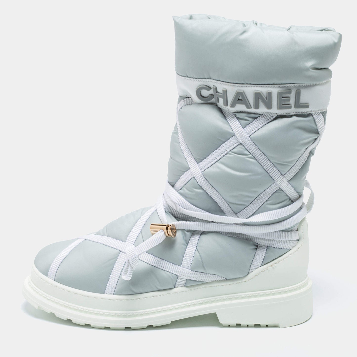 Original Chanel Light Grey/White Nylon And Leather Snow Boots Size 38.5 (Never Used)