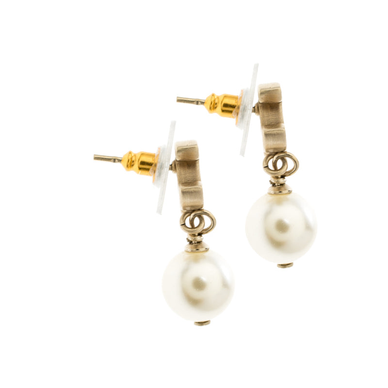 Original Chanel CC Faux Pearl Gold Tone Drop Earrings