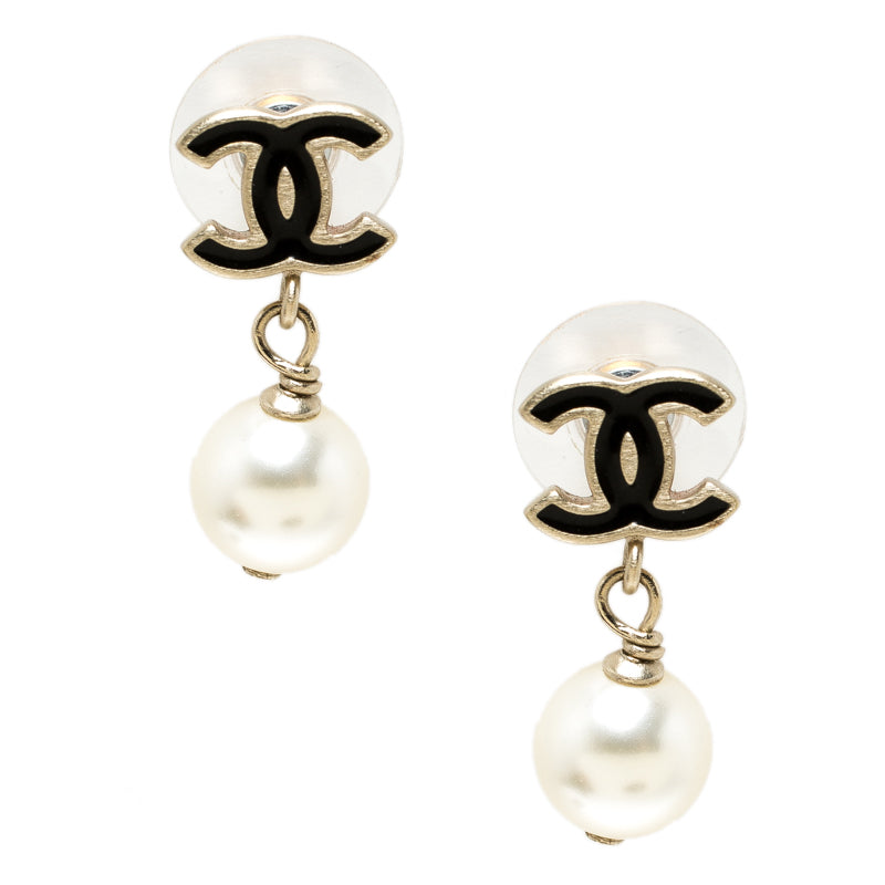 Original Chanel CC Faux Pearl Gold Tone Drop Earrings