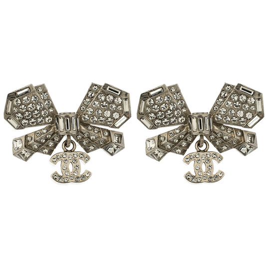 Original Chanel CC Bow Crystal Silver Tone Drop Earrings