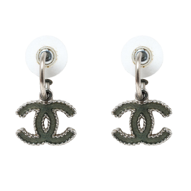 Original Chanel CC Green Enamel Silver Tone Drop Earrings