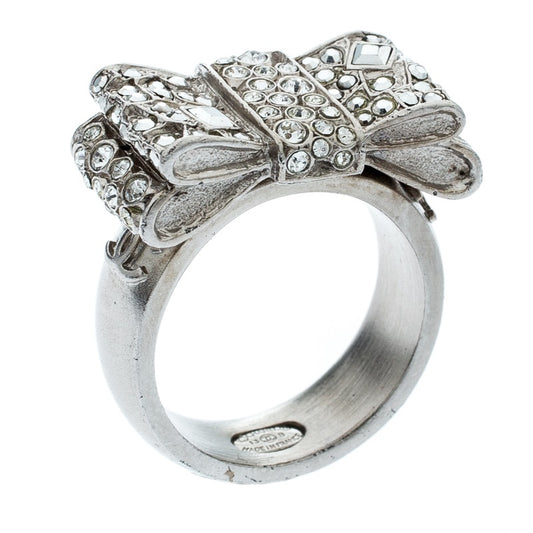 Original Chanel Crystal Embellished Bow Cocktail Ring Size EU 56