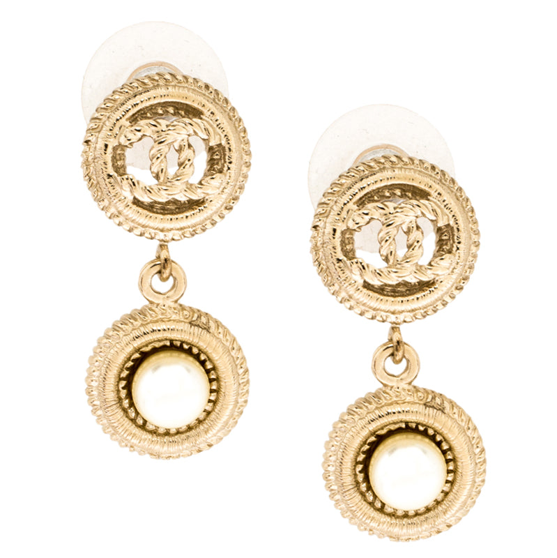 Original Chanel CC Faux Pearl Textured Gold Tone Drop Earrings