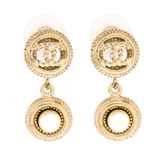 Original Chanel CC Faux Pearl Textured Gold Tone Drop Earrings