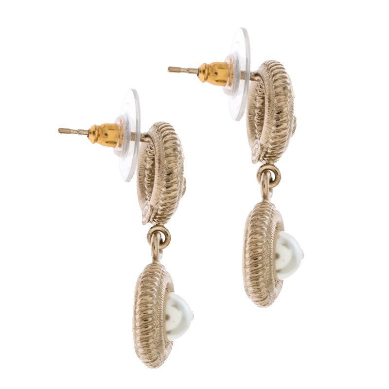 Original Chanel CC Faux Pearl Textured Gold Tone Drop Earrings