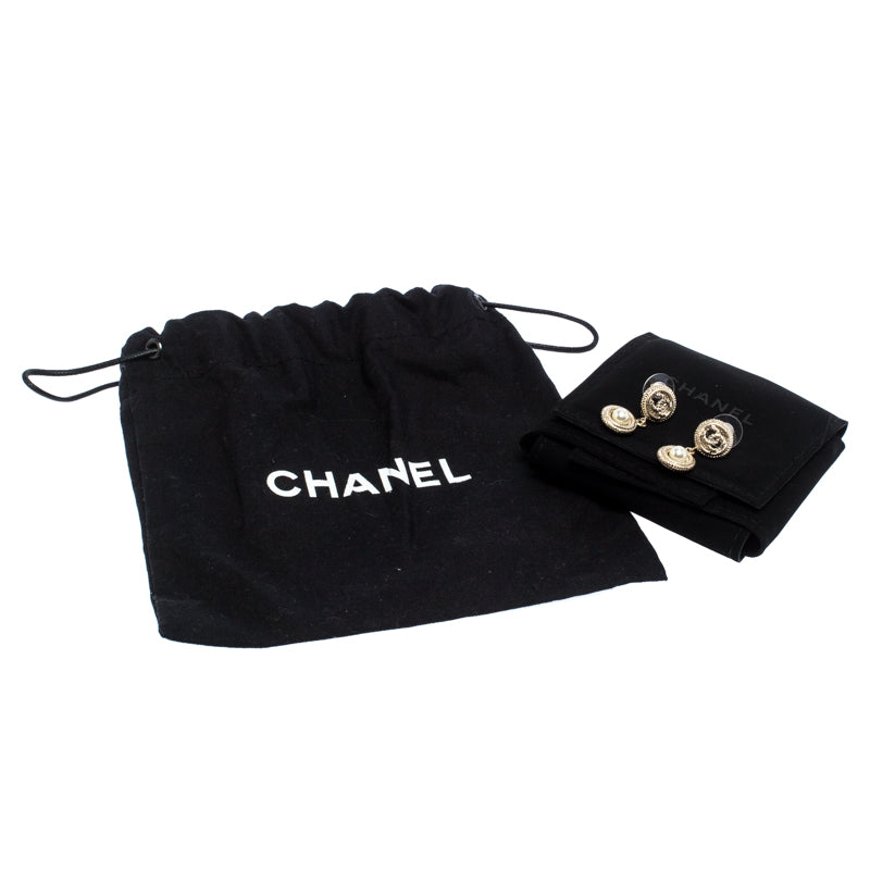 Original Chanel CC Faux Pearl Textured Gold Tone Drop Earrings