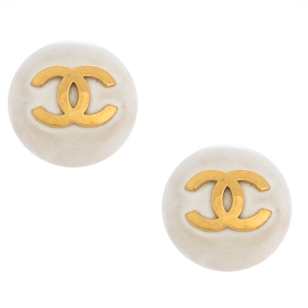 Original Chanel CC White Gold Tone Round Oversized Clip-on Stud Earrings