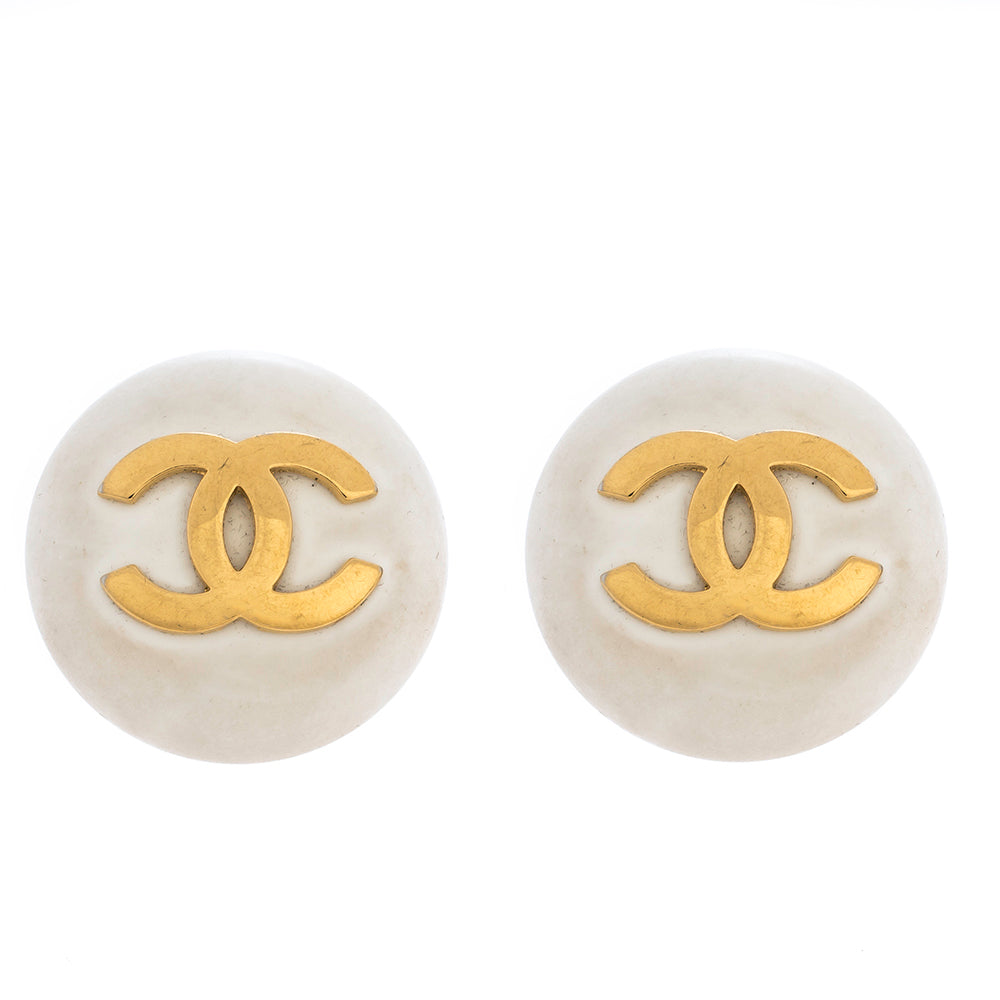 Original Chanel CC White Gold Tone Round Oversized Clip-on Stud Earrings