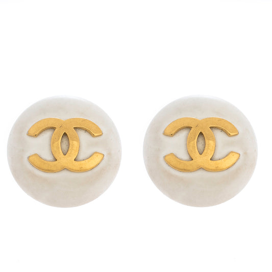 Original Chanel CC White Gold Tone Round Oversized Clip-on Stud Earrings