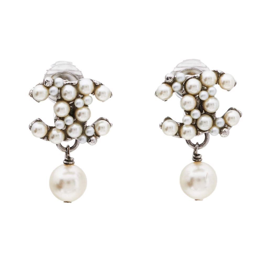 Original Chanel CC Faux Pearl Silver Tone Clip on Drop Earrings