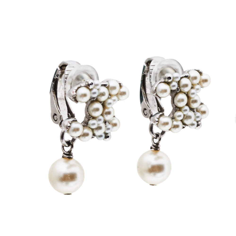 Original Chanel CC Faux Pearl Silver Tone Clip on Drop Earrings