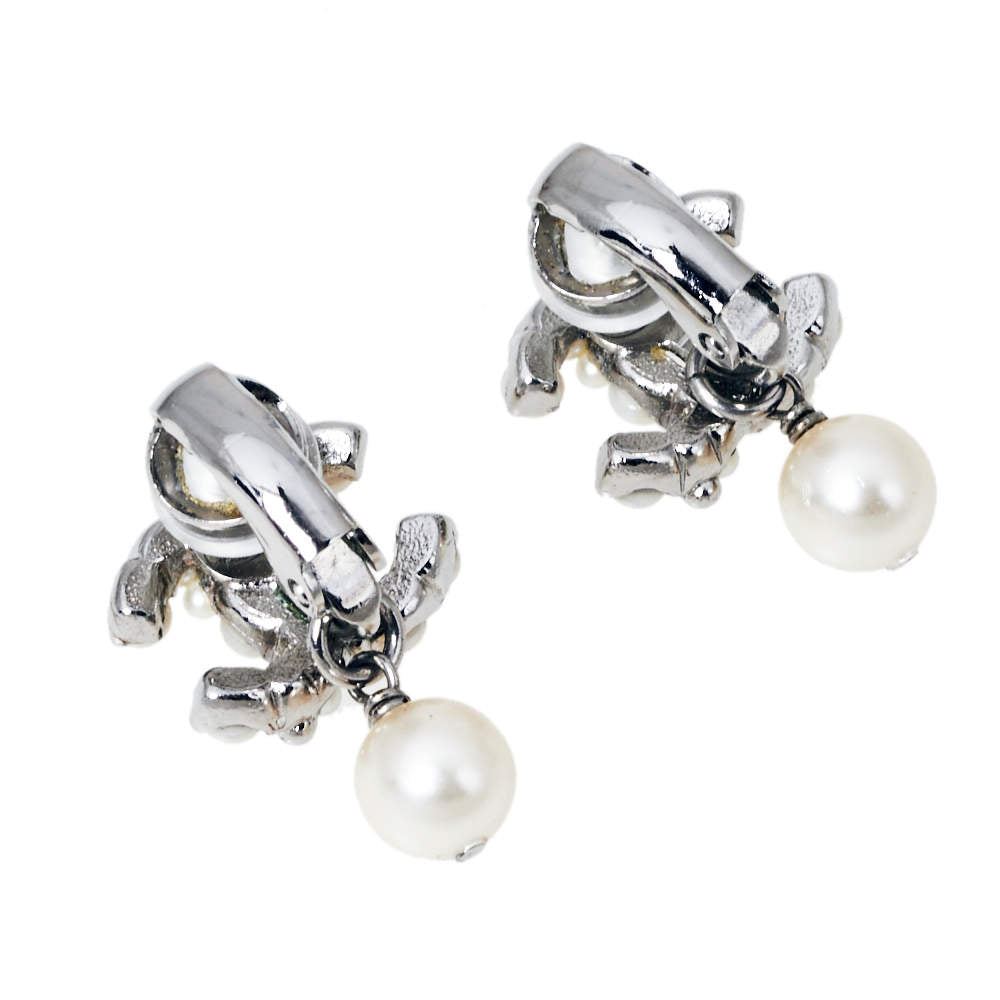 Original Chanel CC Faux Pearl Silver Tone Clip on Drop Earrings