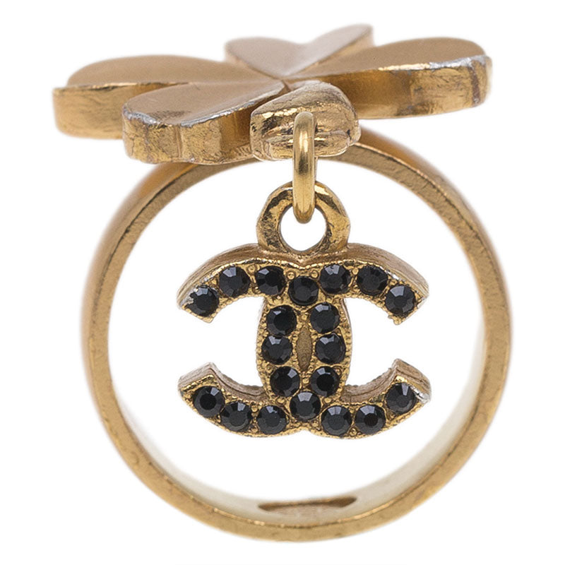 Original Chanel CC Clover Crystal Gold Tone Ring Size 54.5