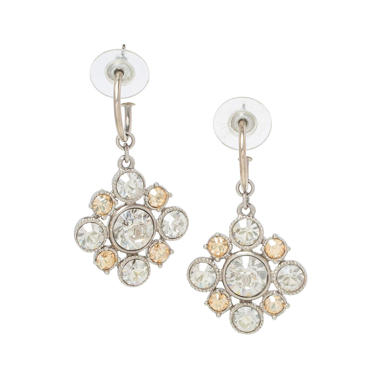 Original Chanel CC Floral Crystal Silver Tone Drop Earrings