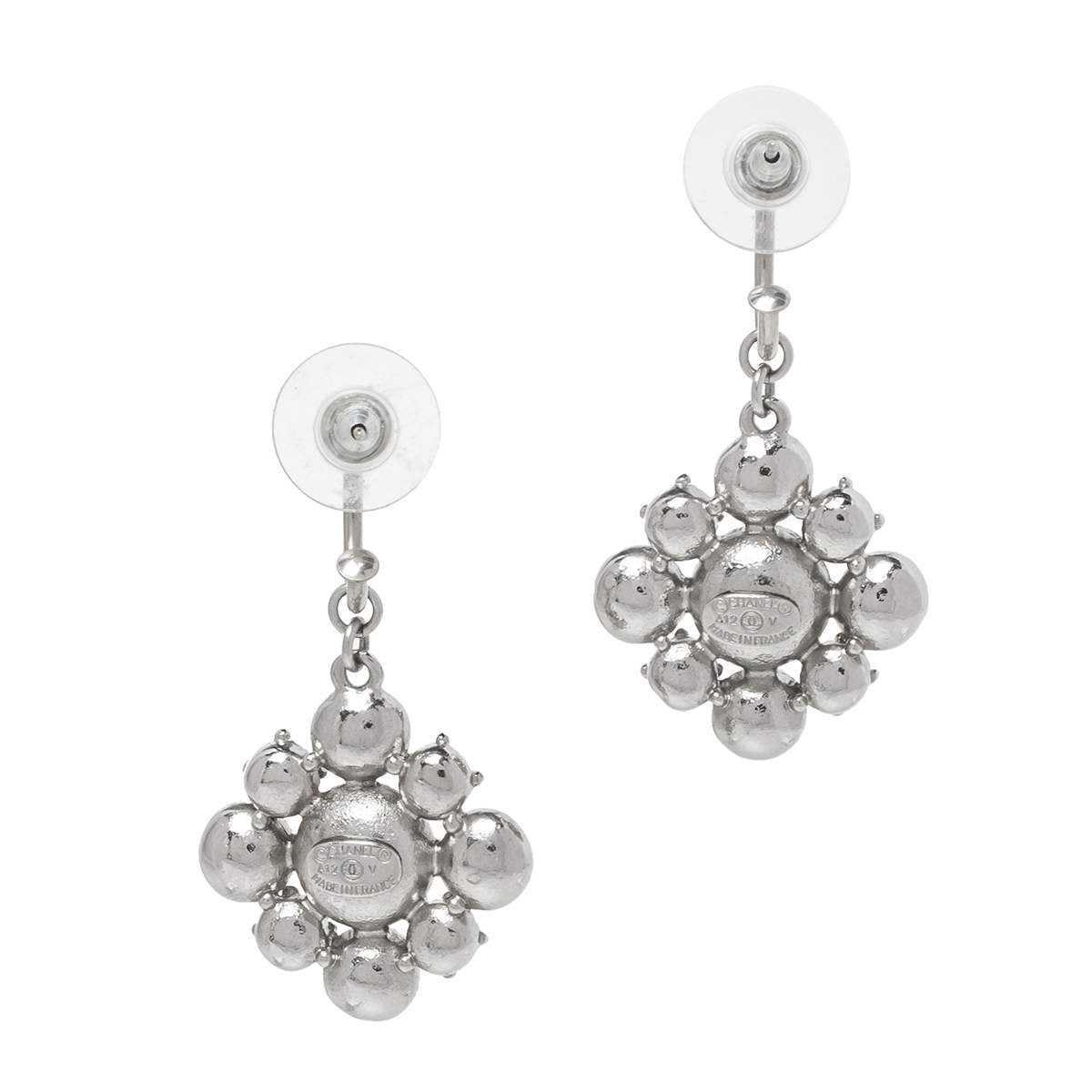 Original Chanel CC Floral Crystal Silver Tone Drop Earrings