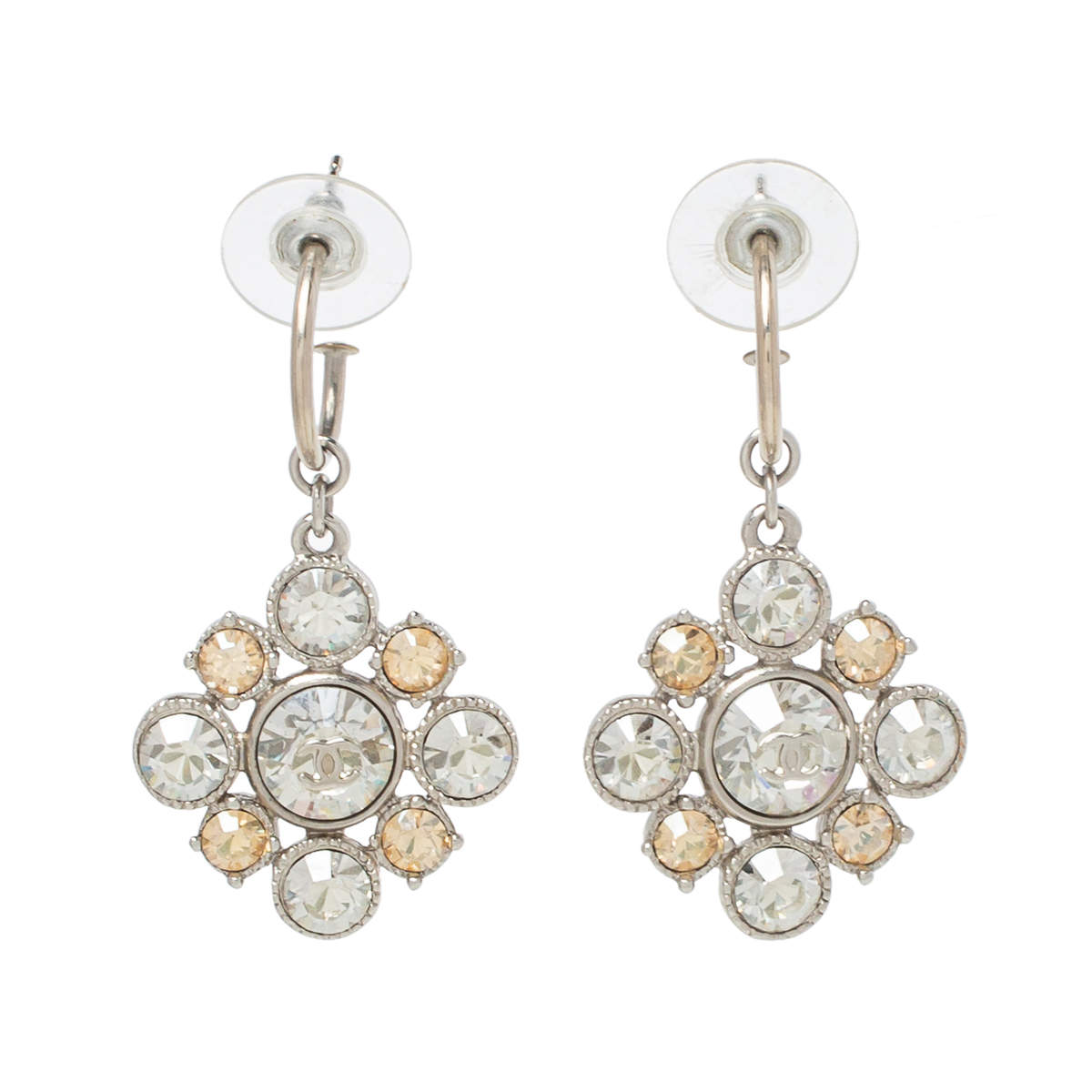 Original Chanel CC Floral Crystal Silver Tone Drop Earrings