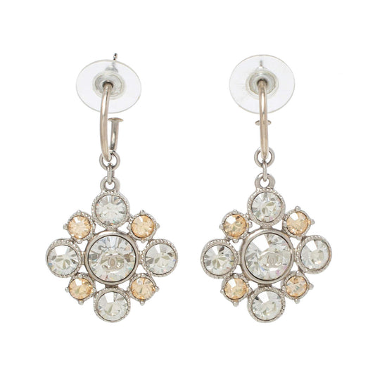 Original Chanel CC Floral Crystal Silver Tone Drop Earrings