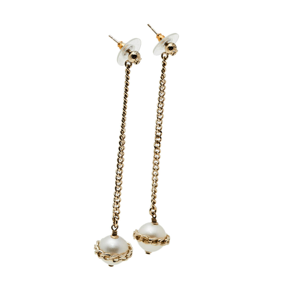 Original Chanel CC Star Faux Pearl Gold Tone Drop Earrings