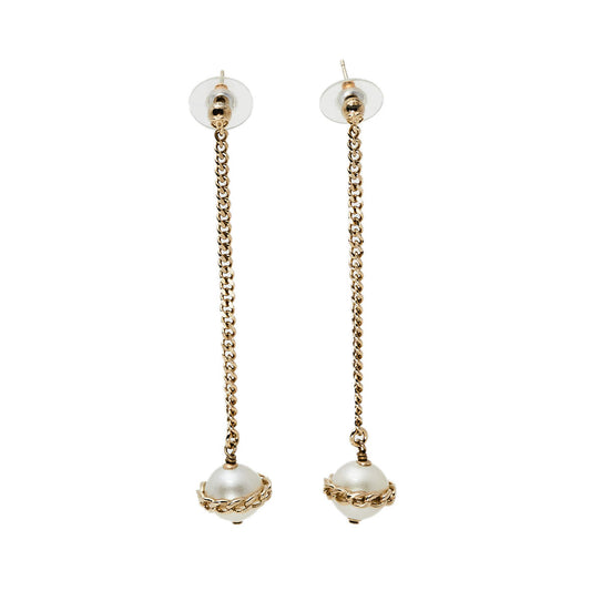 Original Chanel CC Star Faux Pearl Gold Tone Drop Earrings