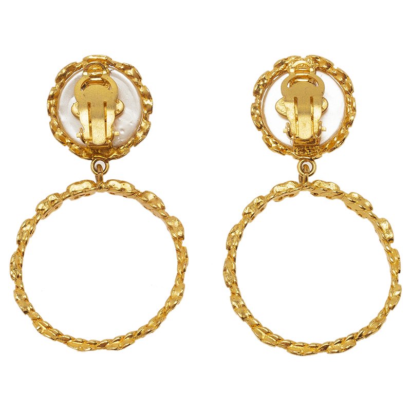 Original Chanel Faux Pearl Gold Tone Hoop Earrings