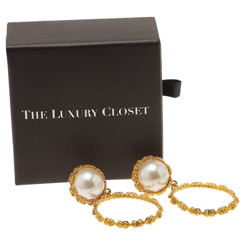 Original Chanel Faux Pearl Gold Tone Hoop Earrings