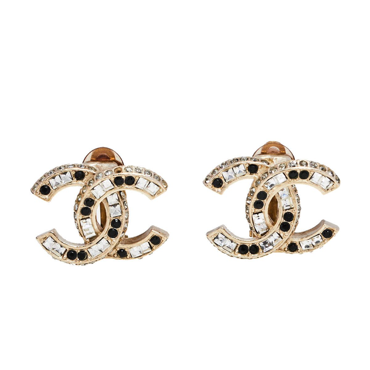 Original Chanel Gold Tone Baguette Crystal CC Clip On Stud Earrings