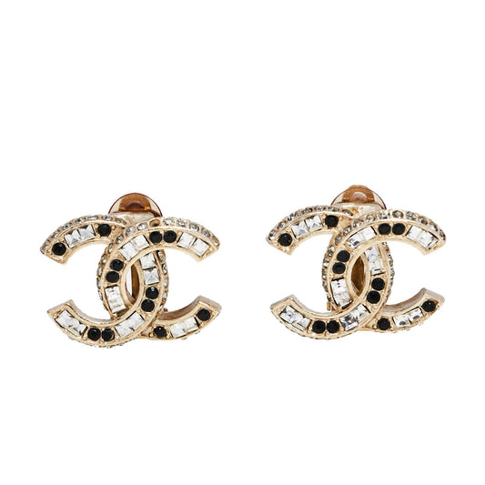 Original Chanel Gold Tone Baguette Crystal CC Clip On Stud Earrings