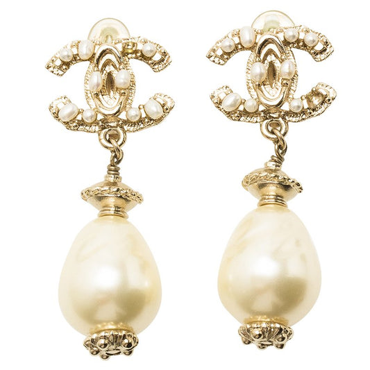 Original Chanel CC Pearl Drop Gold Tone Earrings