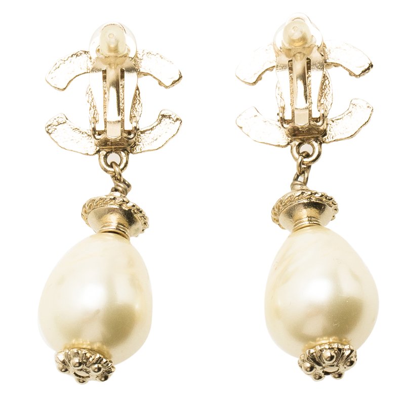 Original Chanel CC Pearl Drop Gold Tone Earrings