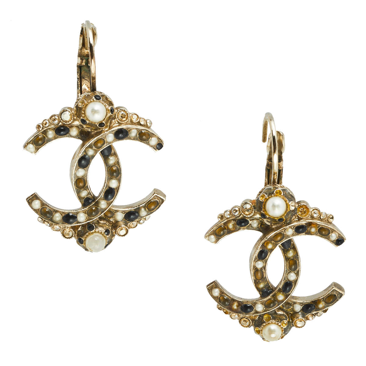 Original Chanel Gold Tone Gripoix & Crystal CC Drop Earrings