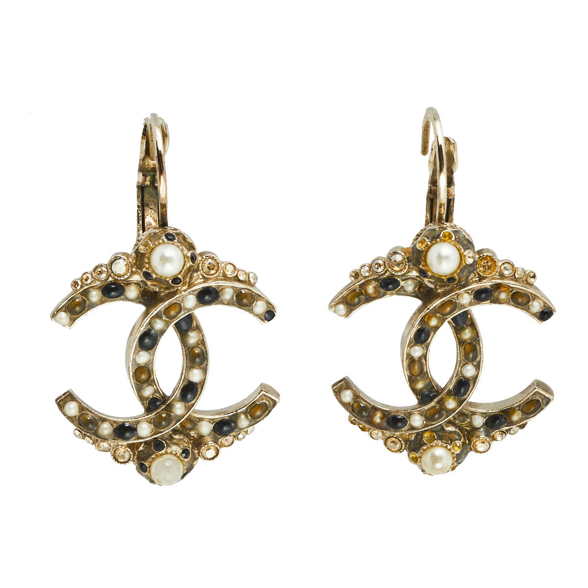 Original Chanel Gold Tone Gripoix & Crystal CC Drop Earrings