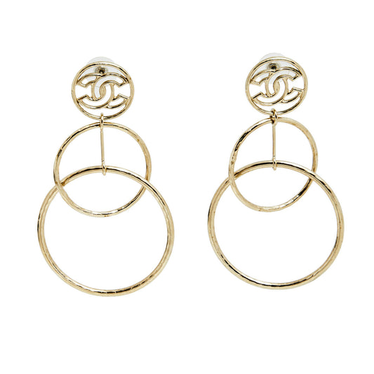 Original Chanel Gold Tone CC Hoop Drop Earrings