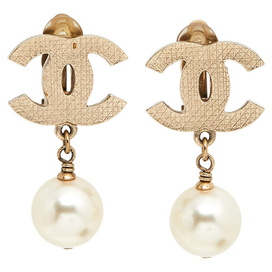 Original Chanel Gold Tone CC Pearl Drop Clip On Earrings