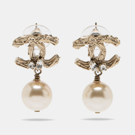 Original Chanel CC Faux Pearl Crystals Gold Tone Drop Earrings