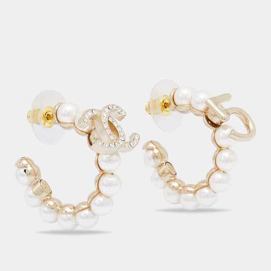 Original Chanel Faux Pearl & Crystal CC No 5 Hoop Earrings