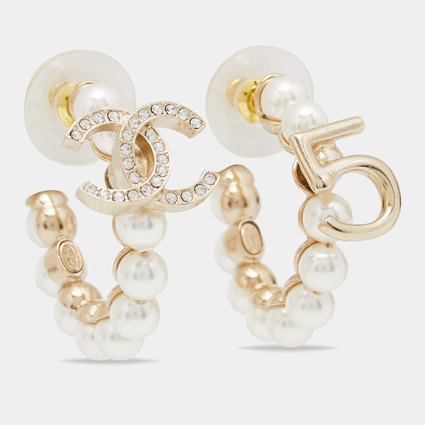 Original Chanel Faux Pearl & Crystal CC No 5 Hoop Earrings