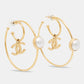 Original Chanel Gold Tone Faux Pearl CC Charm Hoop Earrings