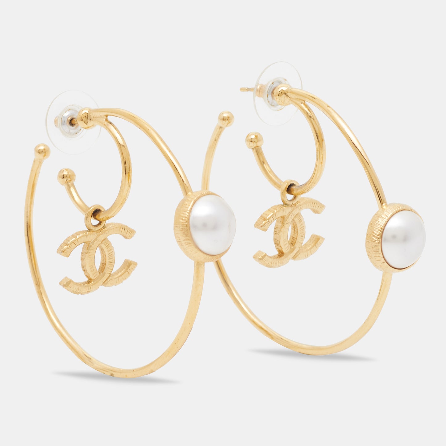 Original Chanel Gold Tone Faux Pearl CC Charm Hoop Earrings