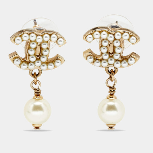 Original Chanel Gold Tone Faux Pearl CC Drop Earrings