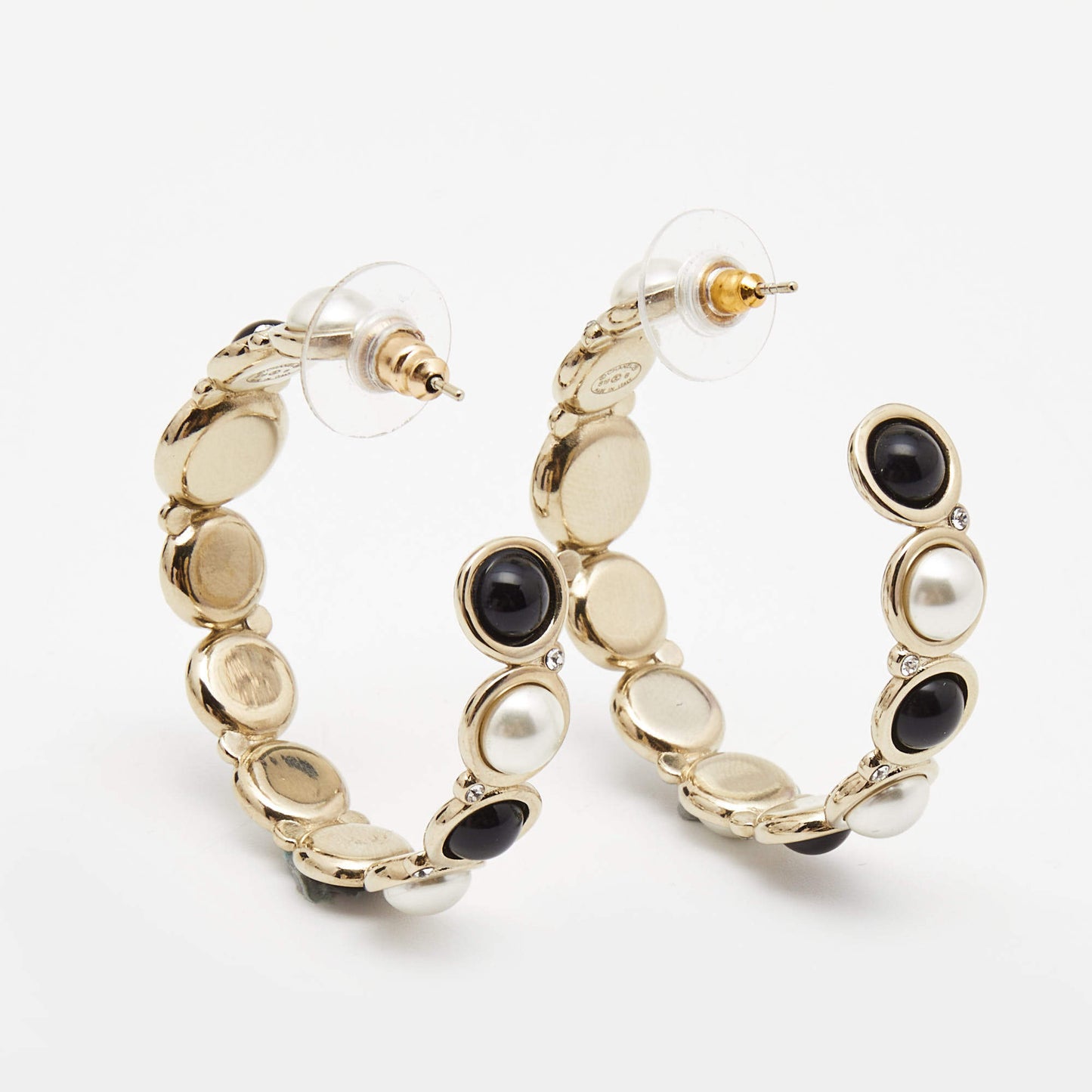 Original Chanel CC Faux Pearl Obsidian Crystals Gold Tone Hoop Earrings