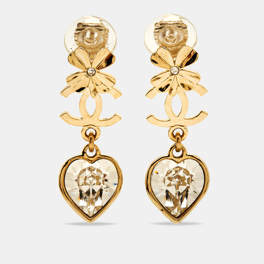 Original Chanel Clover Heart Crystal Gold Tone Clip-on Drop Earrings