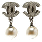 Original Chanel CC Medium Faux Pearl Silver Tone Drop Earrings