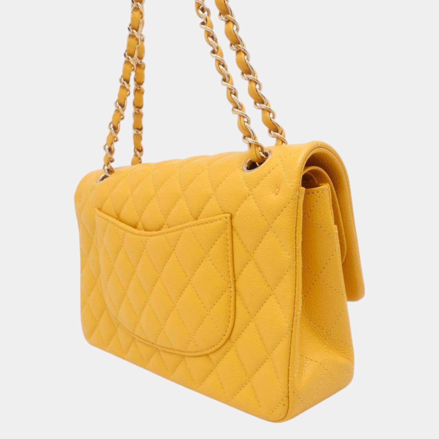 Original Chanel Yellow Caviar Leather Matelasse W Flap W Chain Shoulder bag Size 25