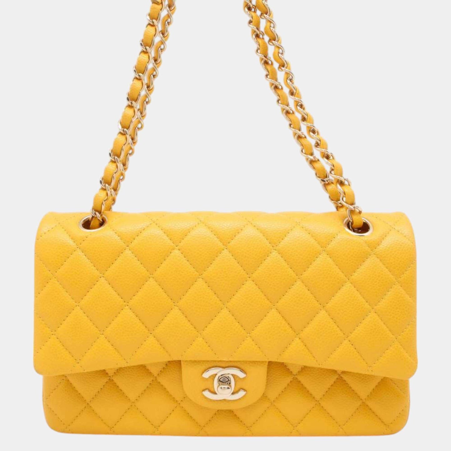 Original Chanel Yellow Caviar Leather Matelasse W Flap W Chain Shoulder bag Size 25